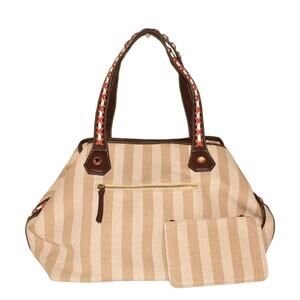 BIG BUDDHA $90 Aztec Interior Striped Large‎ Canvas Tote Tan/Cream